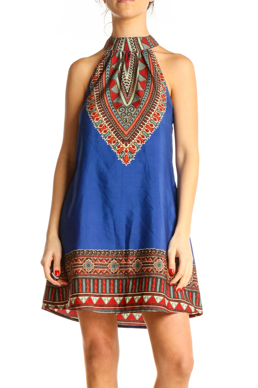 Blue Aztec Print Bohemian Fit & Flare Dress Front