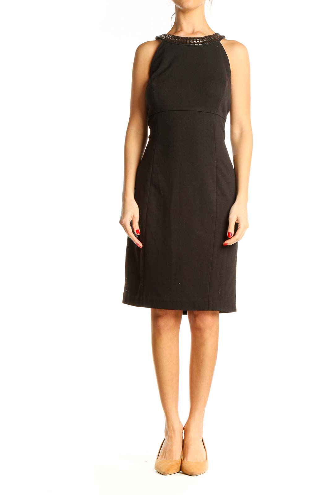 Calvin Klein - Black Solid Work Sheath Dress Polyester Spandex Rayon |  SilkRoll