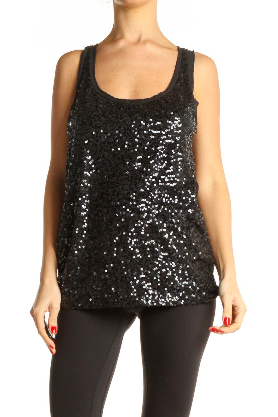 Black Sequin Party Tank Top Front