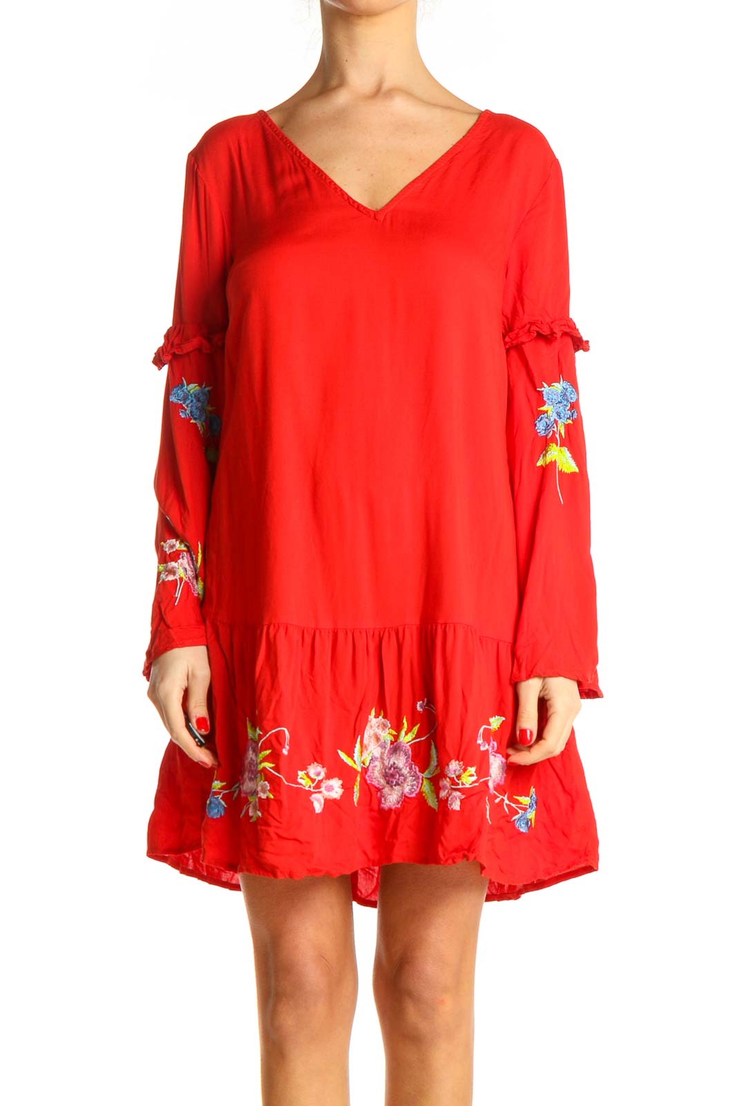 Red Solid Shift Dress Front