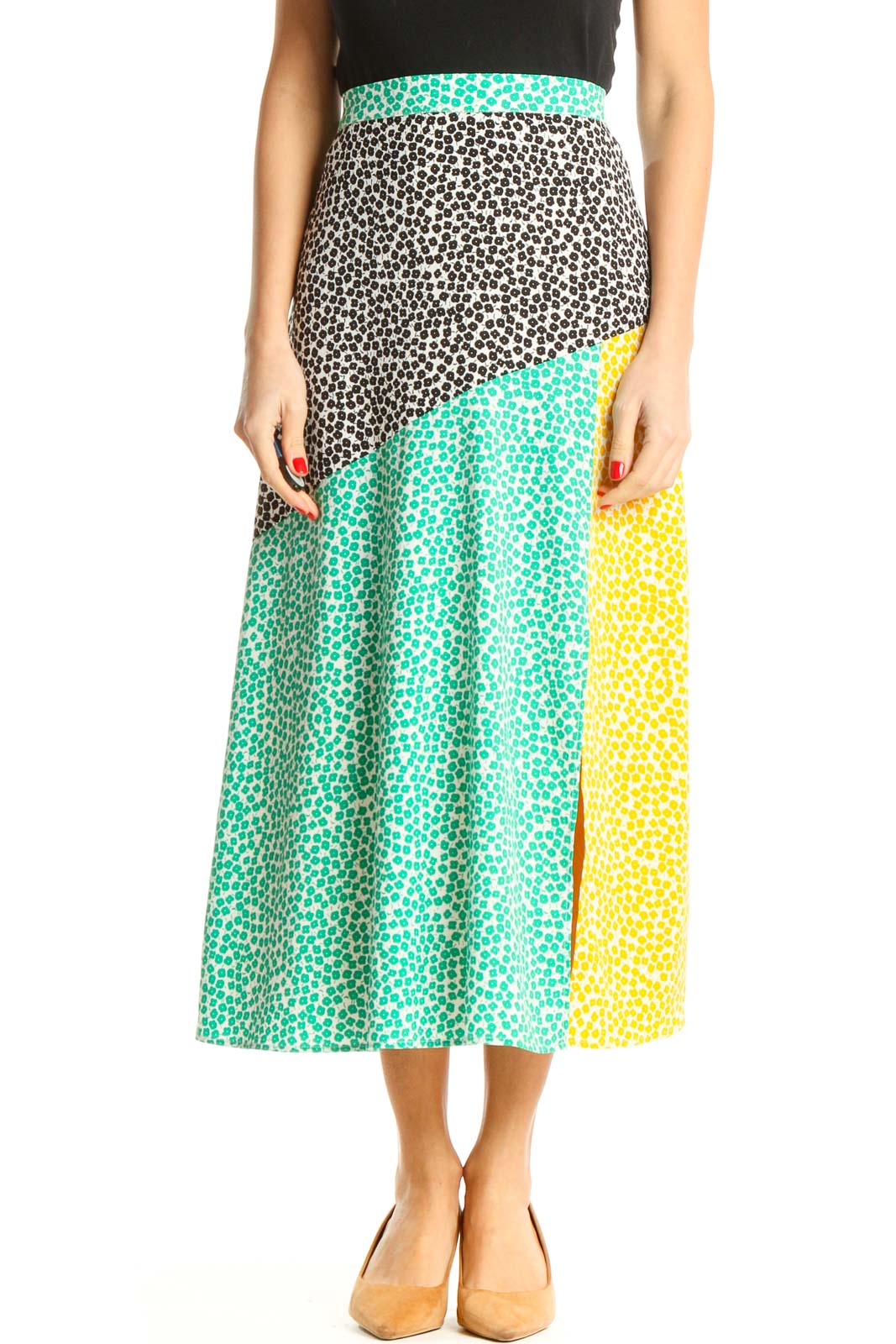 Green Printed Casual Straight Skirt Front