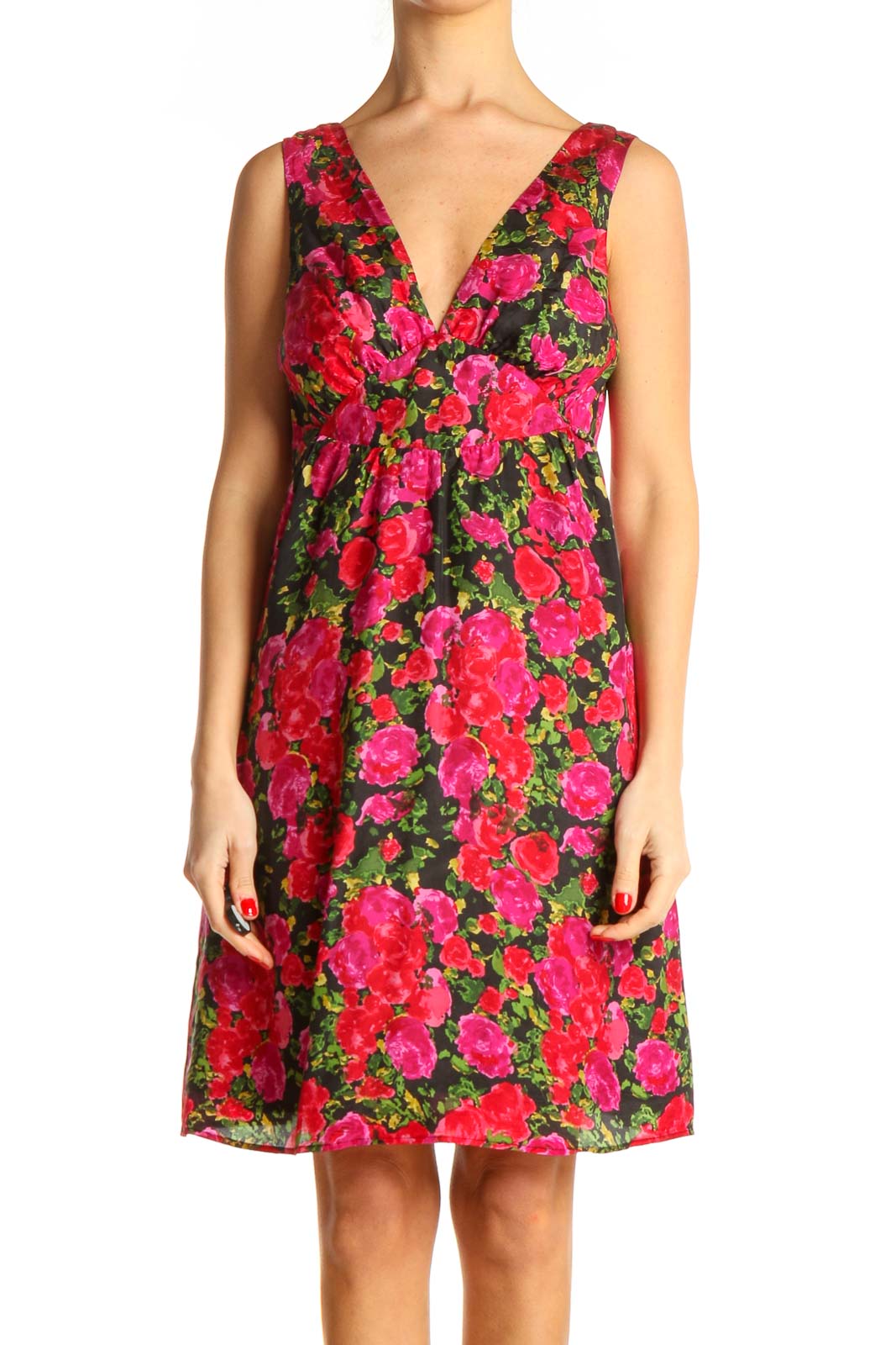 Red Floral Print Retro A-Line Dress Front
