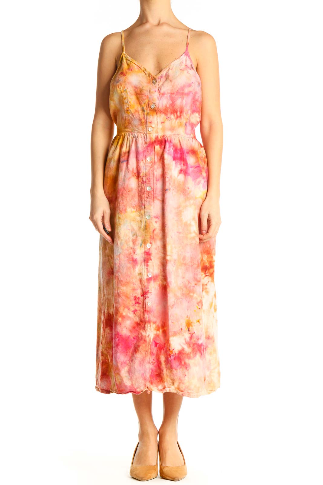 Pink Tie And Dye Bohemian Fit & Flare Dress Front