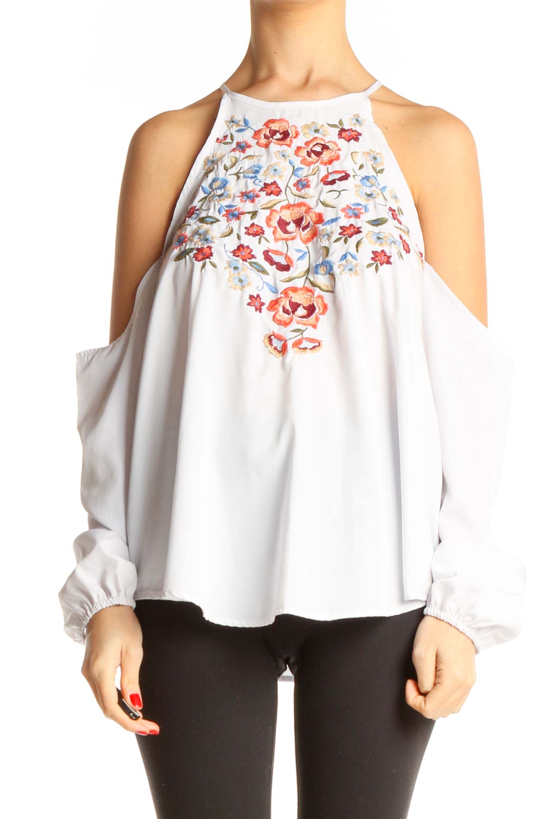 White Floral Print Holiday Blouse Front