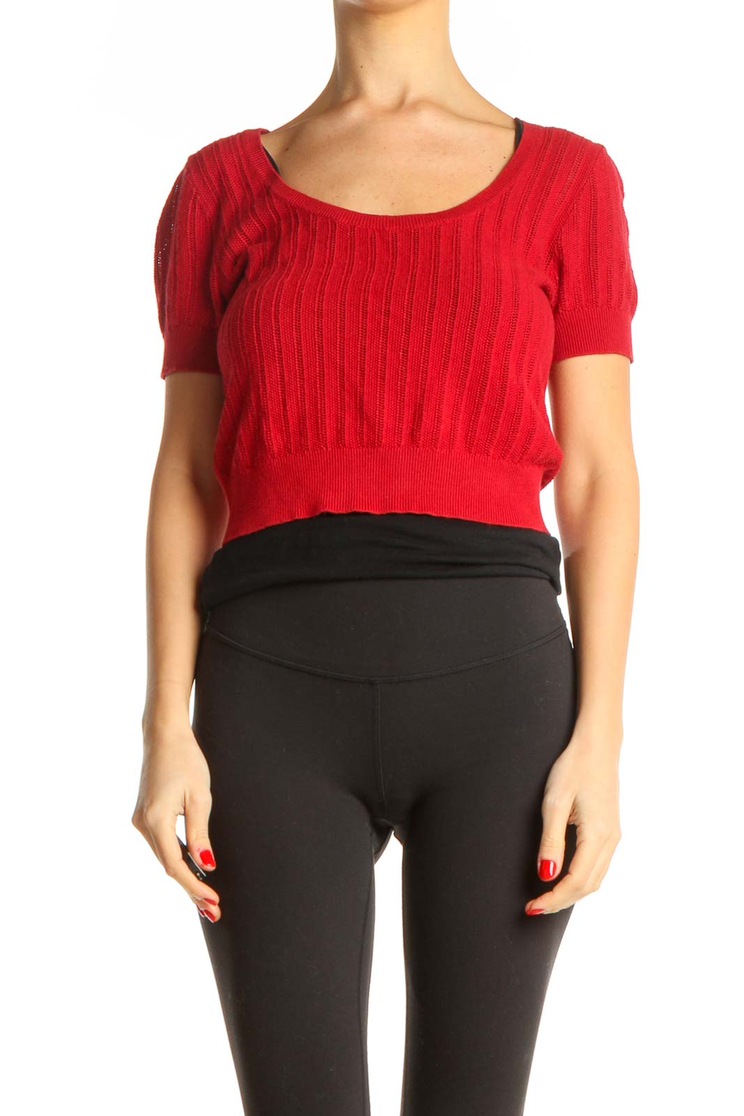 Red Solid Cropped Sweater Front