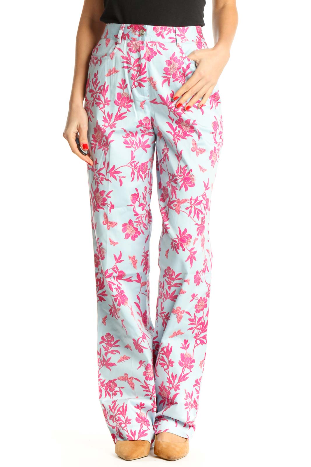 Blue Floral Print Casual Trousers Front