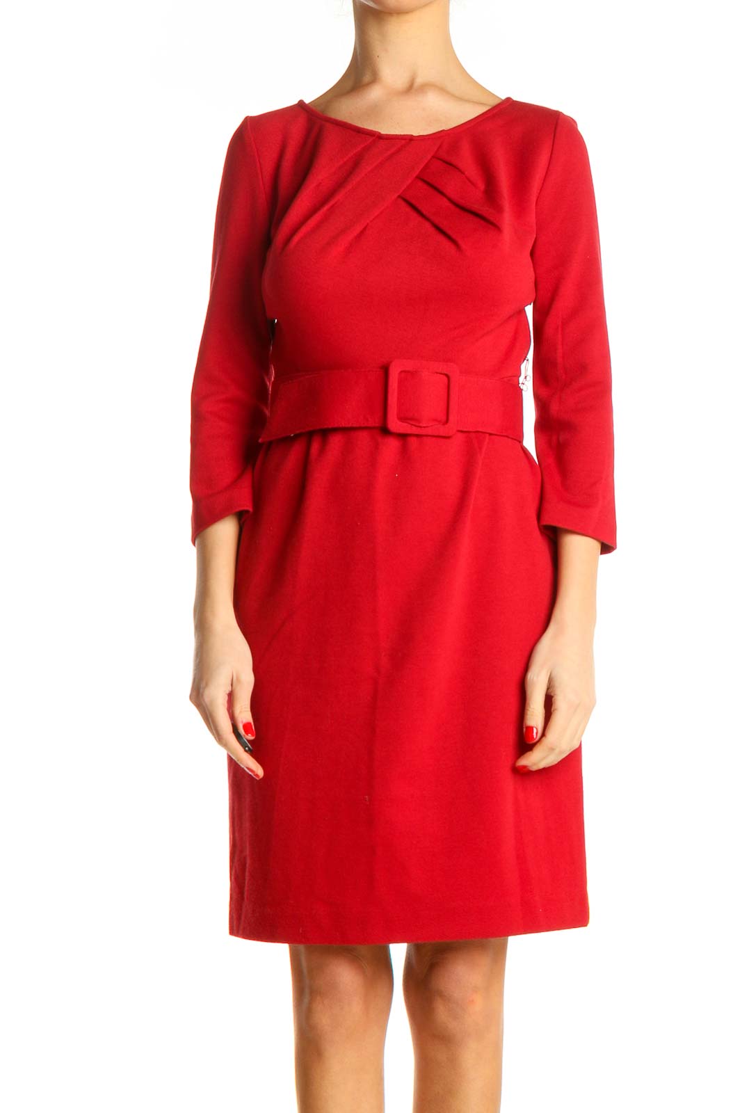 Red Solid Work Fit & Flare Dress Front