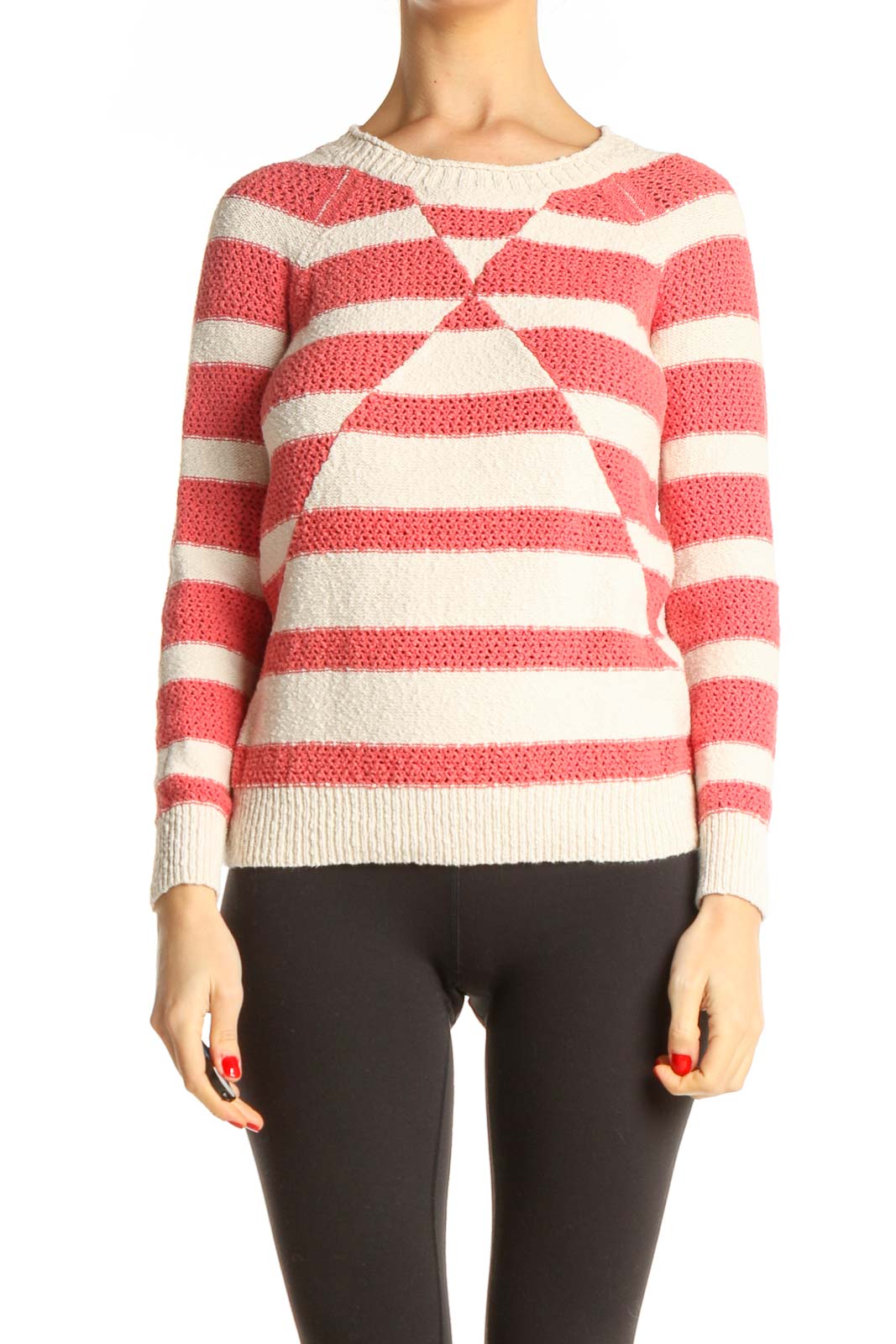 Beige Striped All Day Wear Sweater Front