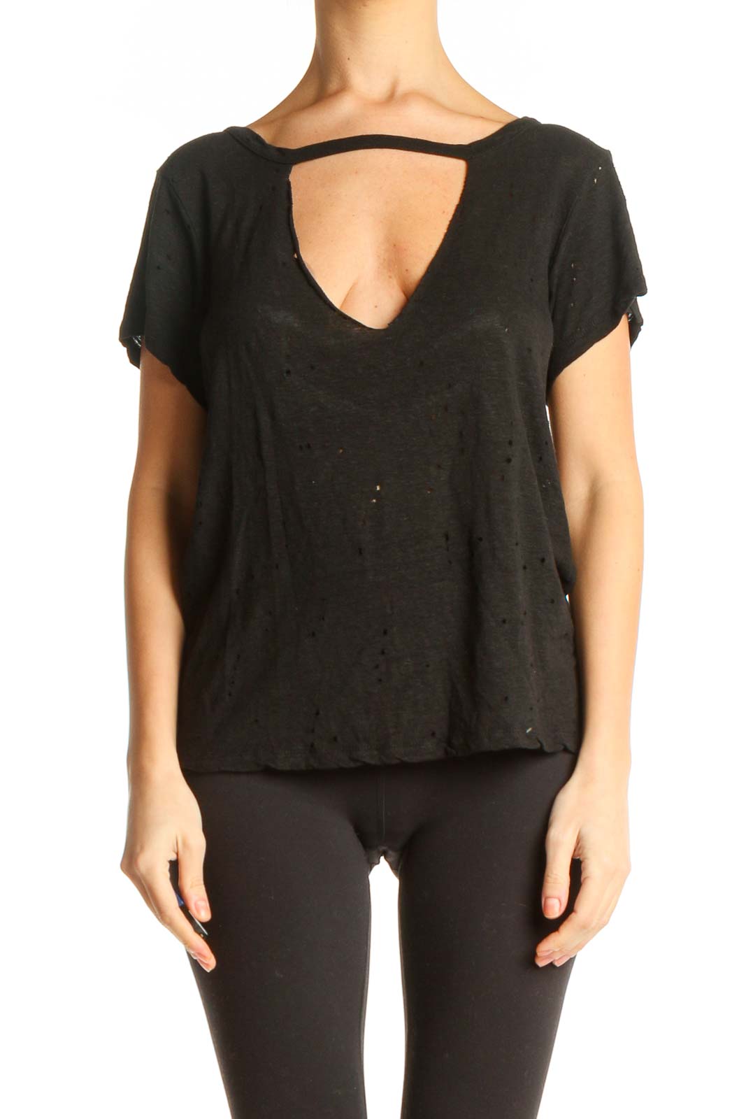 Black Solid All Day Wear Distressed T-Shirt Front