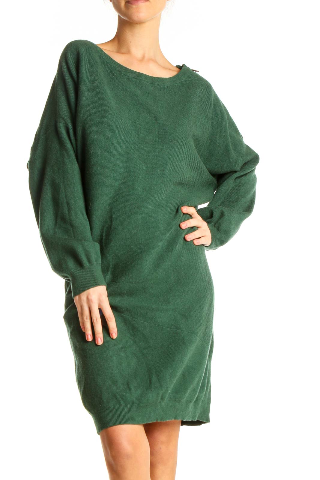 Green Solid Classic Sweater Sheath Dress Front