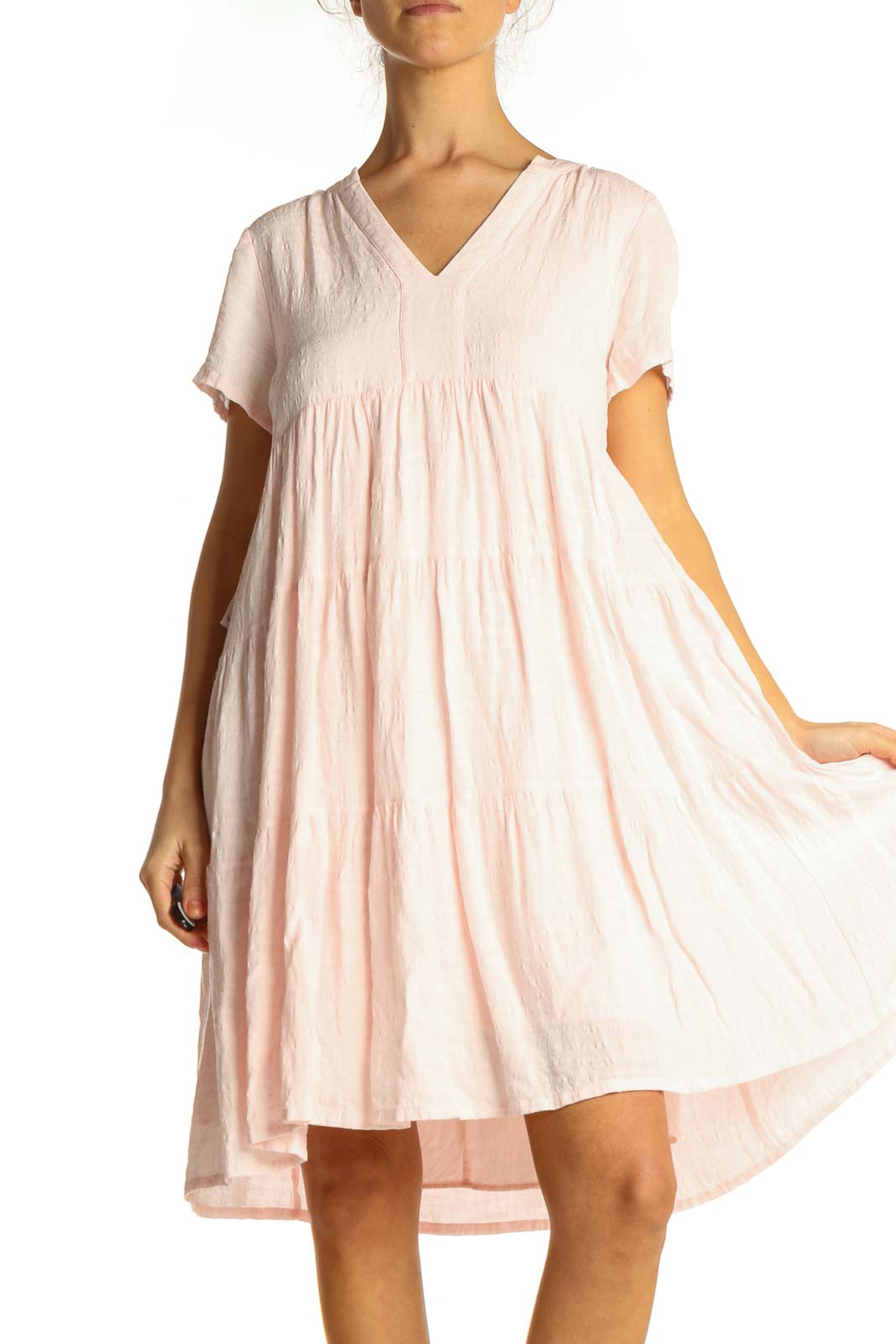 Pink Solid Bohemian Babydoll Dress Front