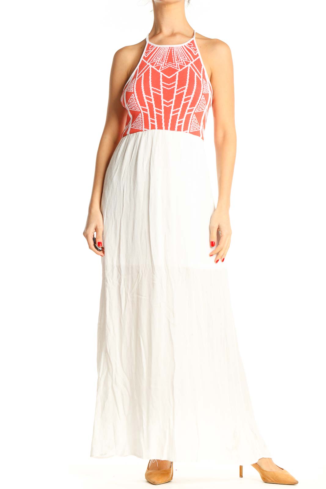 White Colorblock Bohemian Fit & Flare Dress Front
