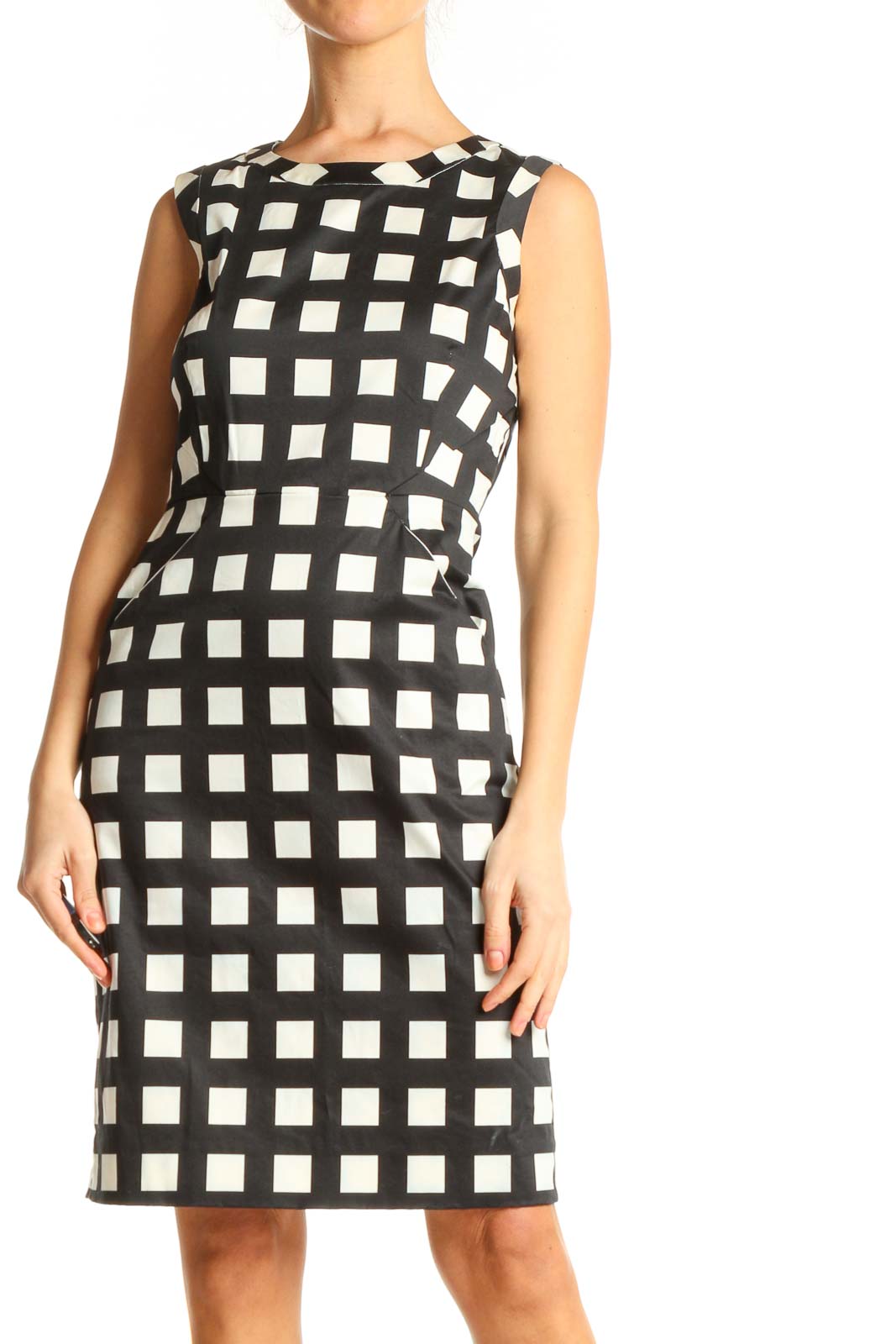 Black Checkered Work Sheath Dress Front