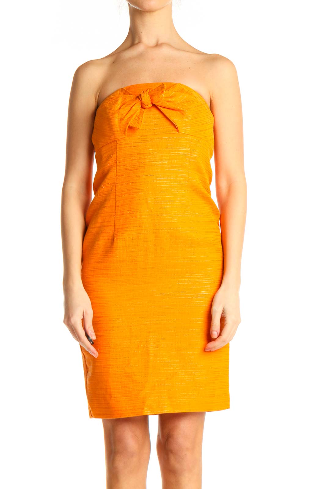 Orange Solid Strapless Sheath Dress Front