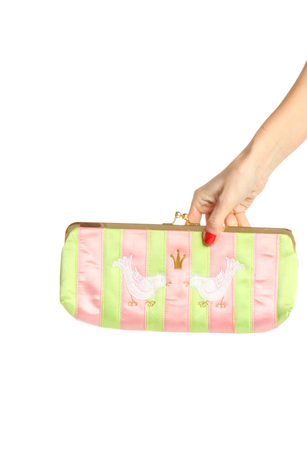 Green and Pink Striped Clutch Front
