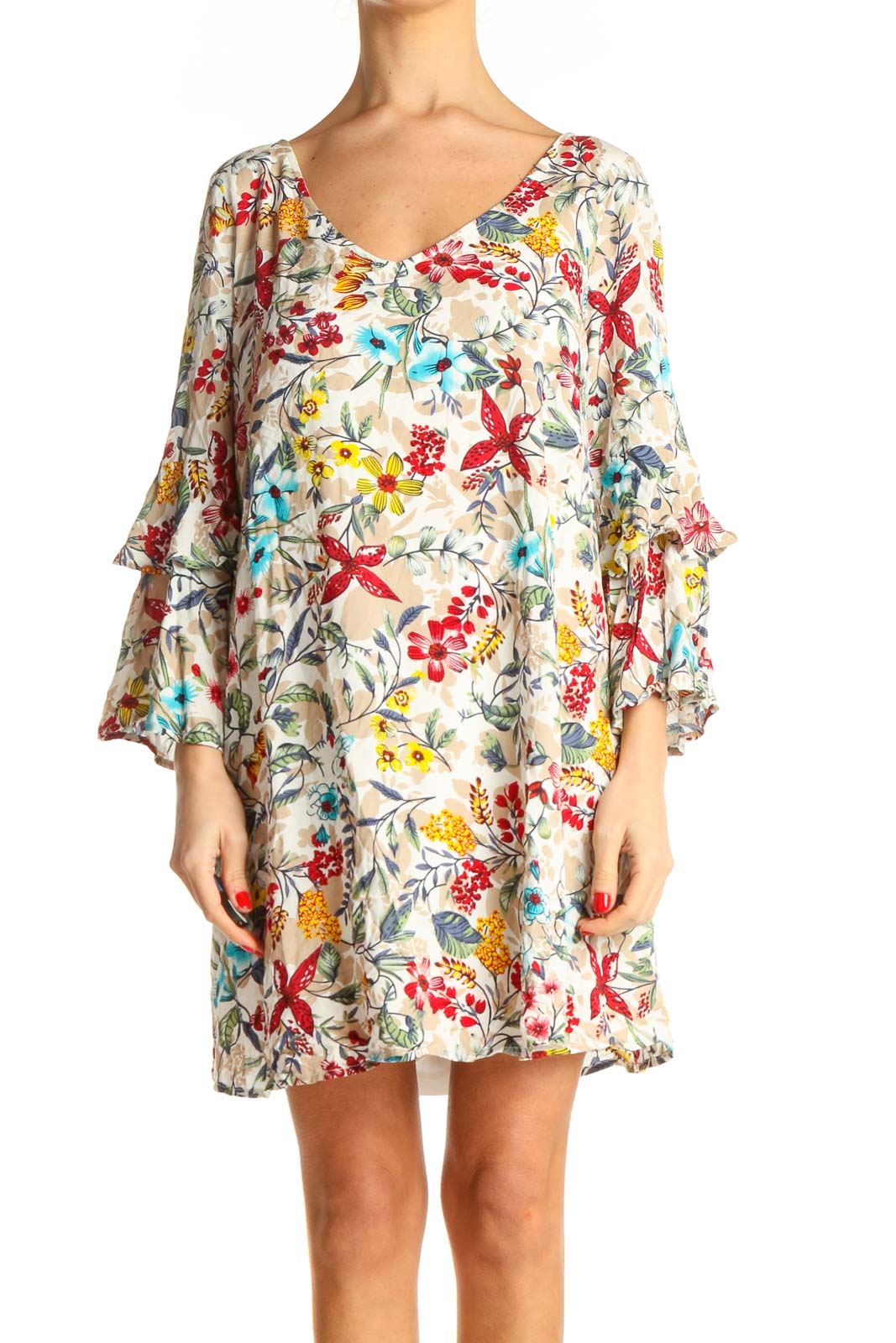 Beige Tropical Print Holiday Shift Dress Front