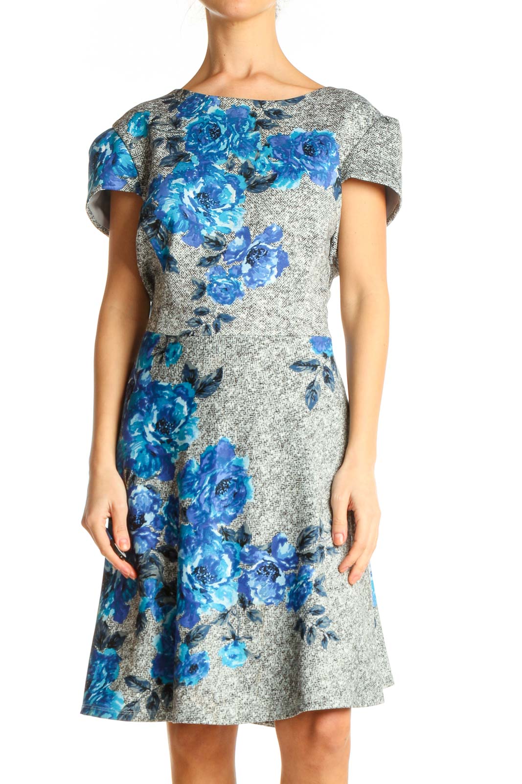 Gray Floral Print Fit & Flare Dress Front