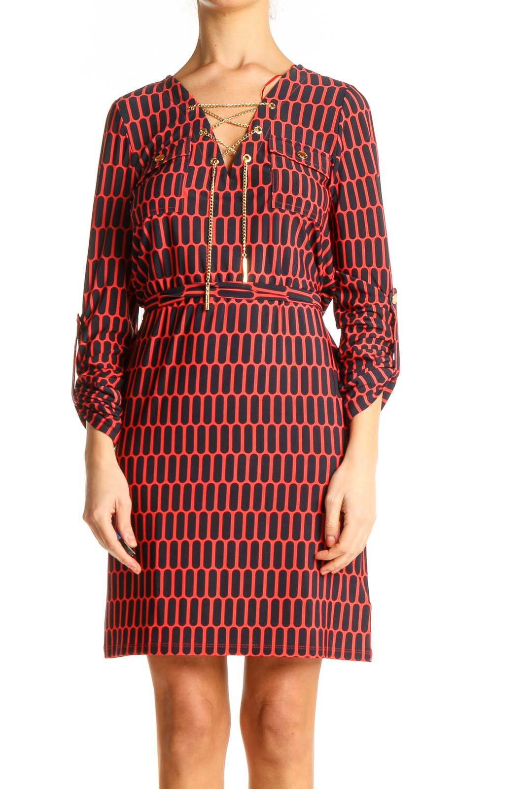 Red Geometric Print Classic Sheath Dress Front