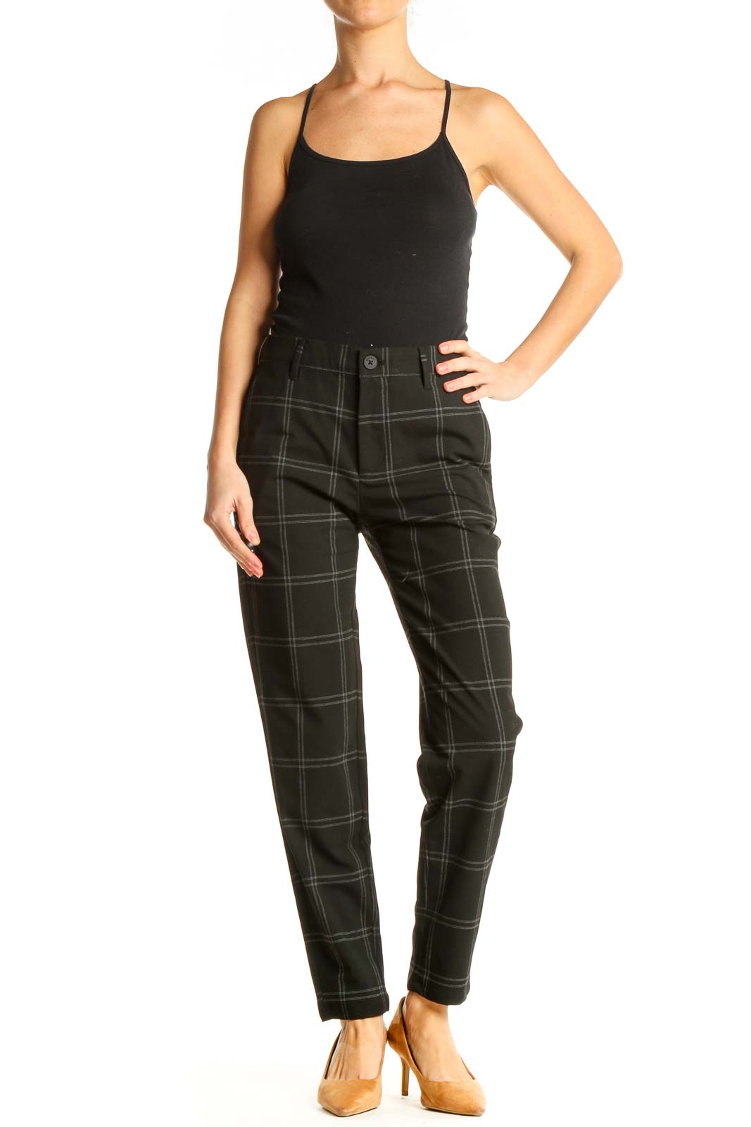 Black Checkered All Day Wear Trousers Front