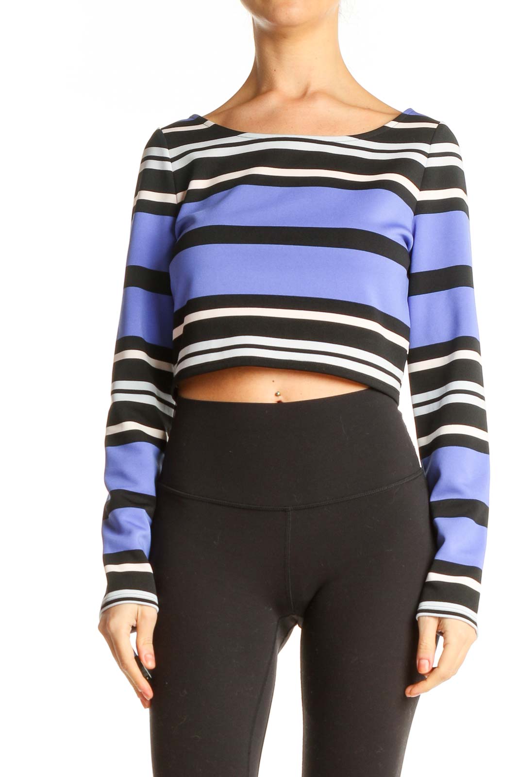 Purple Striped Casual Crop Top Front