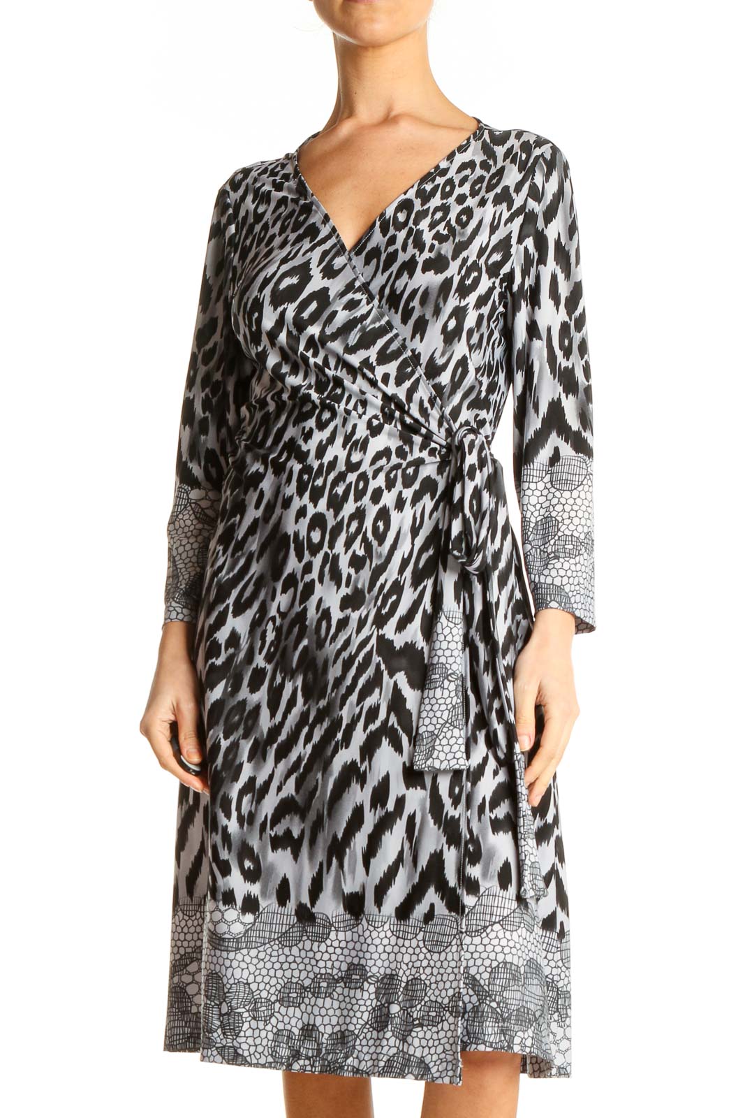Gray Animal Print Fit & Flare Wrap Dress Front
