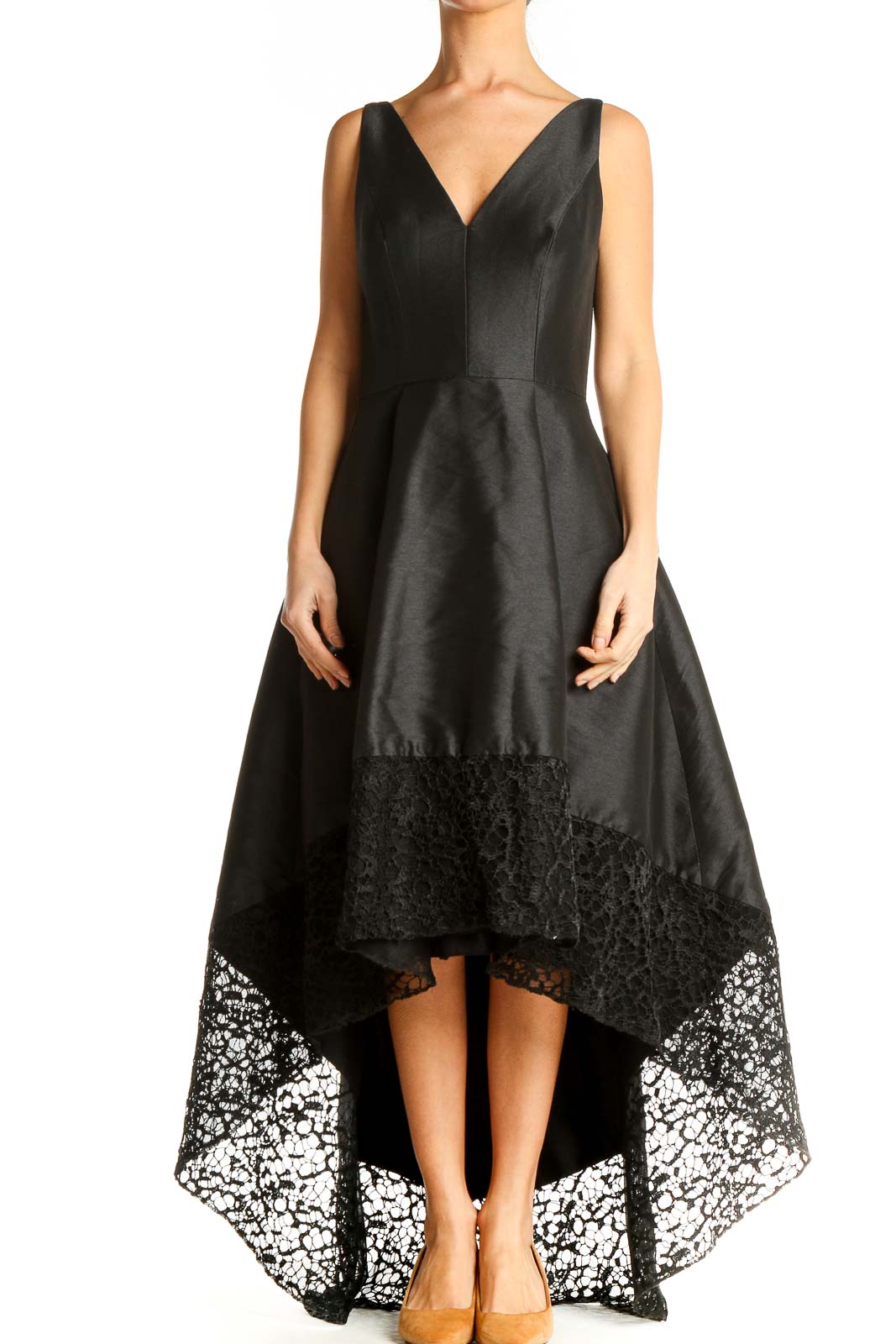 Black Lace Fancy High-Low Dress Front