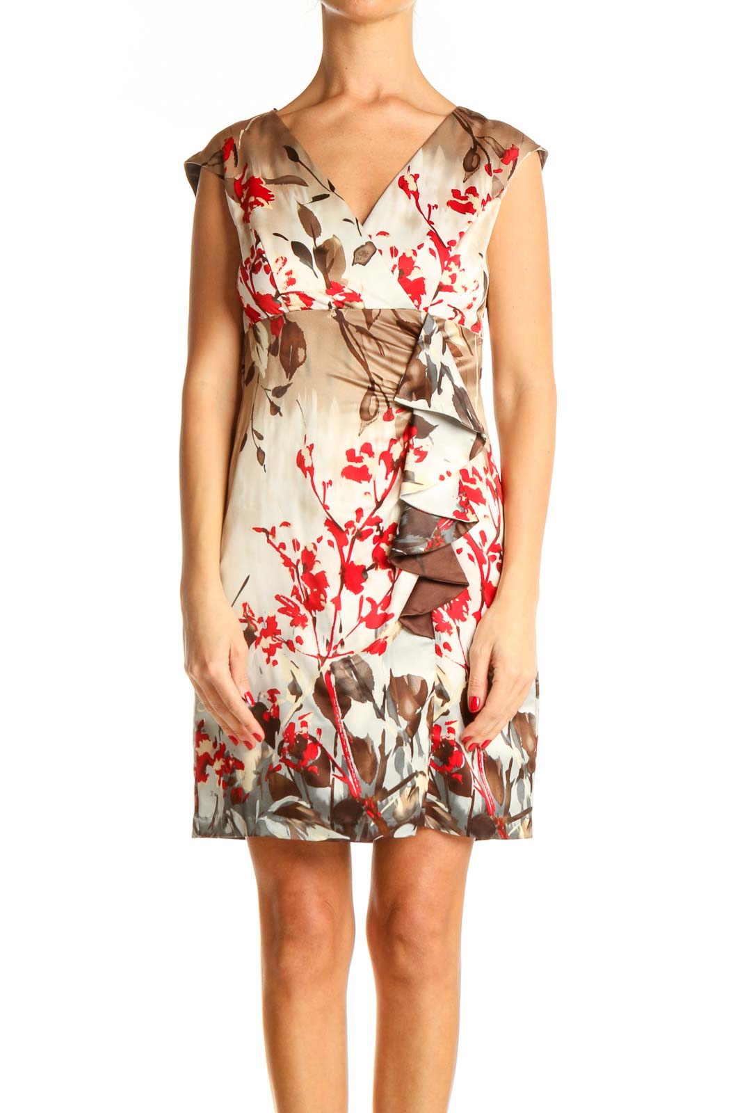 Beige Day Printed Sheath Dress Front