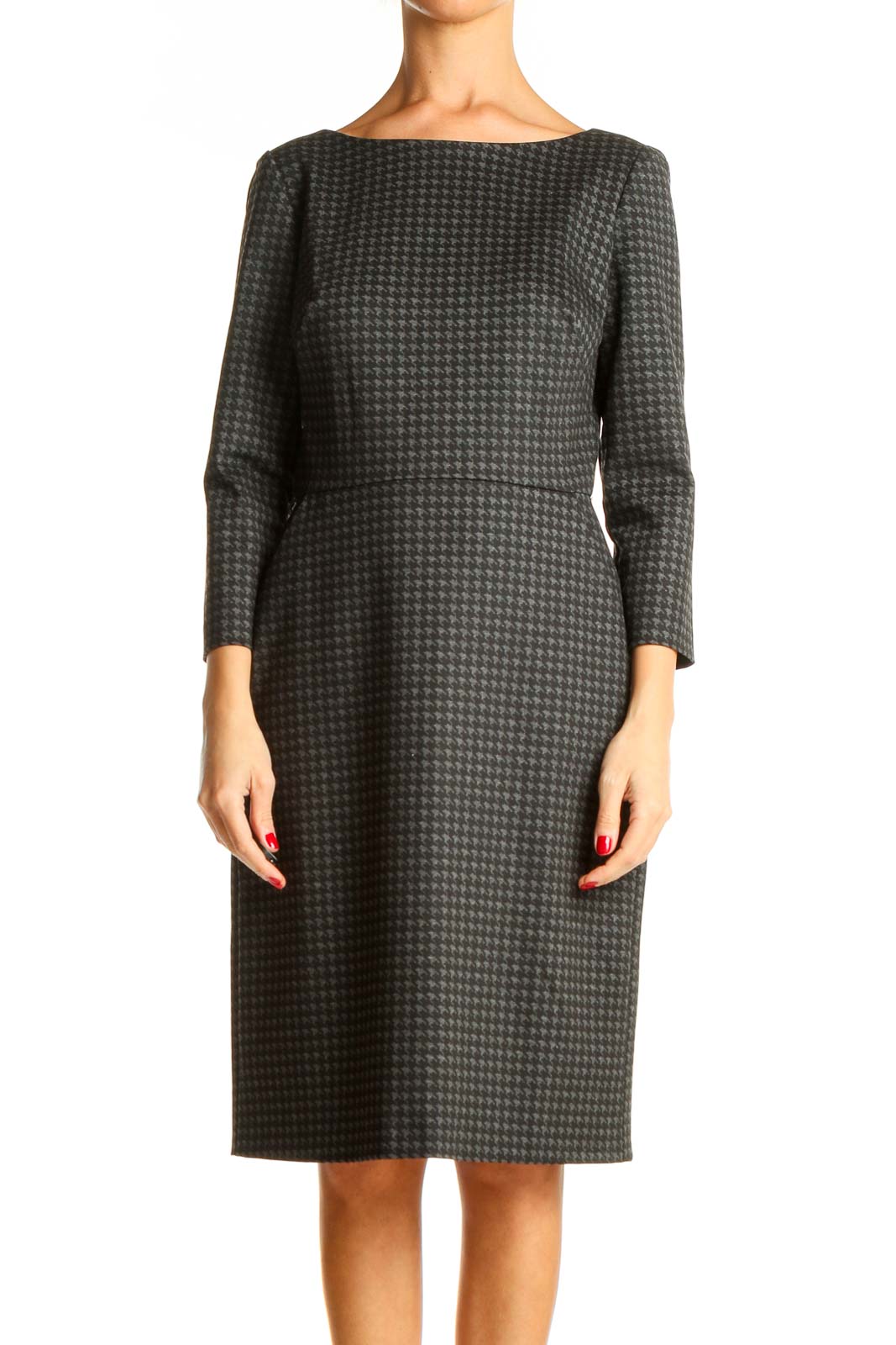 Gray Work Houndstooth Fit & Flare Dress Front