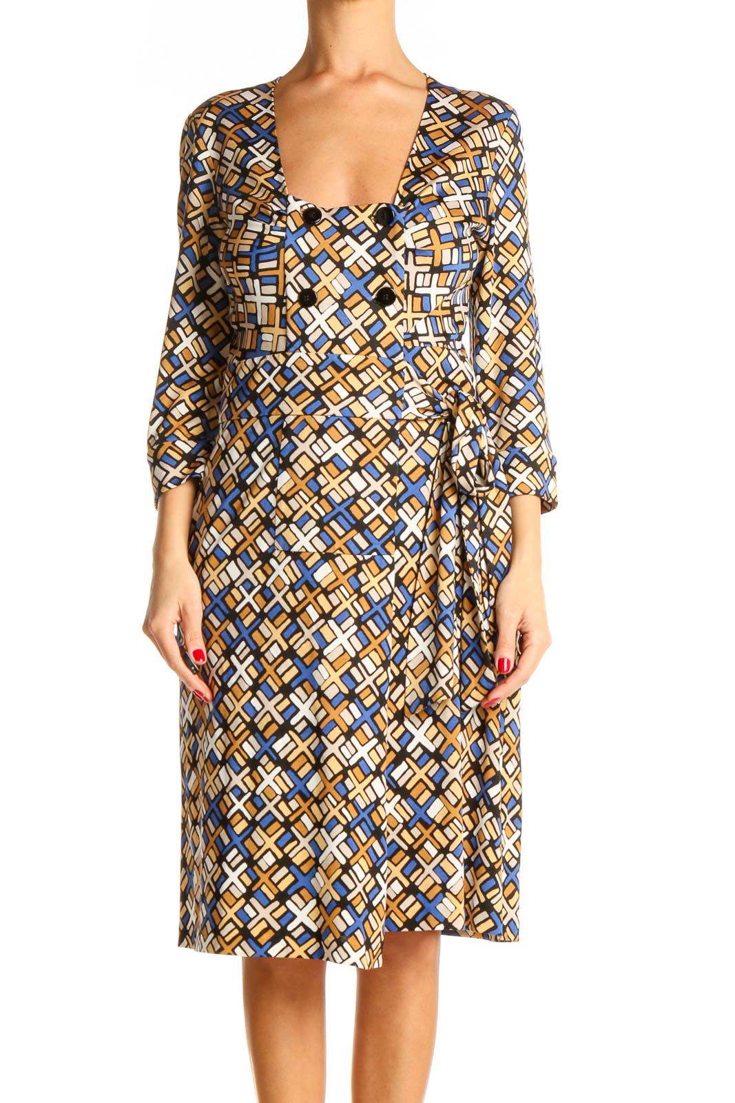 Blue Geometric Print Bohemian Fit & Flare Dress Front