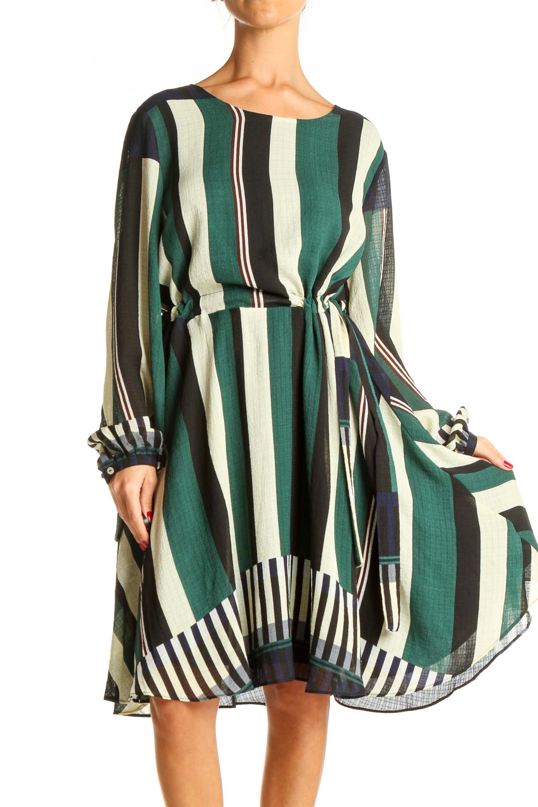 Green Striped Chic Fit & Flare Dress Front