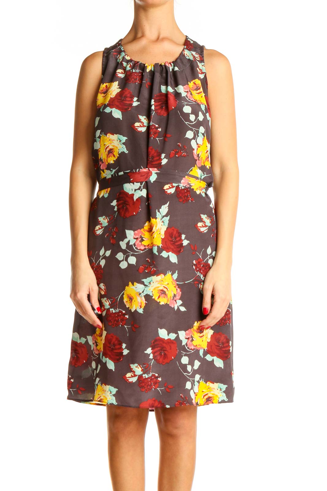 Brown Floral Print Day A-Line Dress Front
