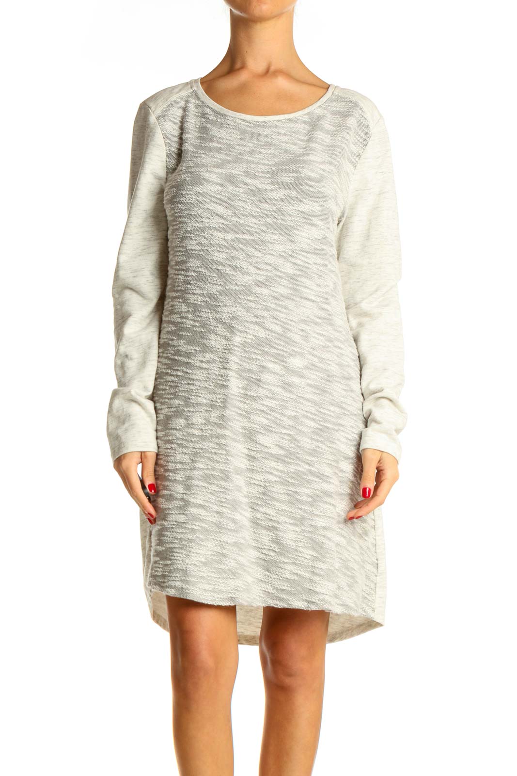 White Textured Classic Sweater Dress Front