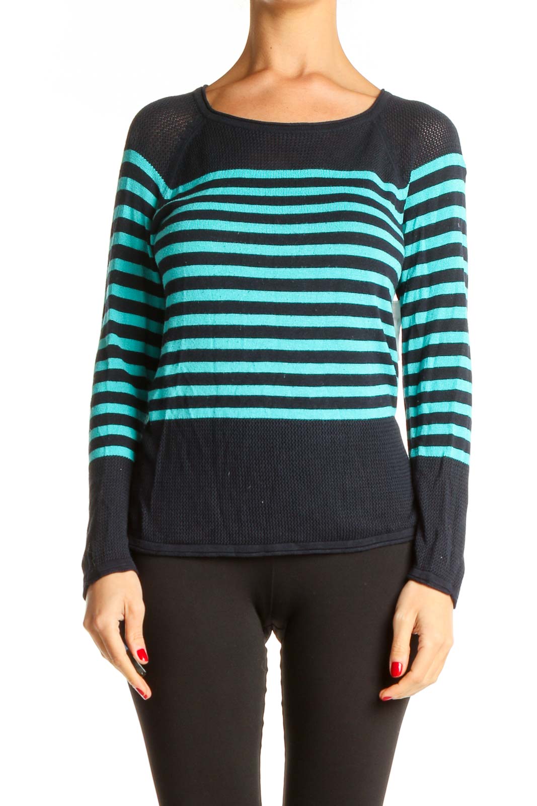 Blue Striped Casual Top Front