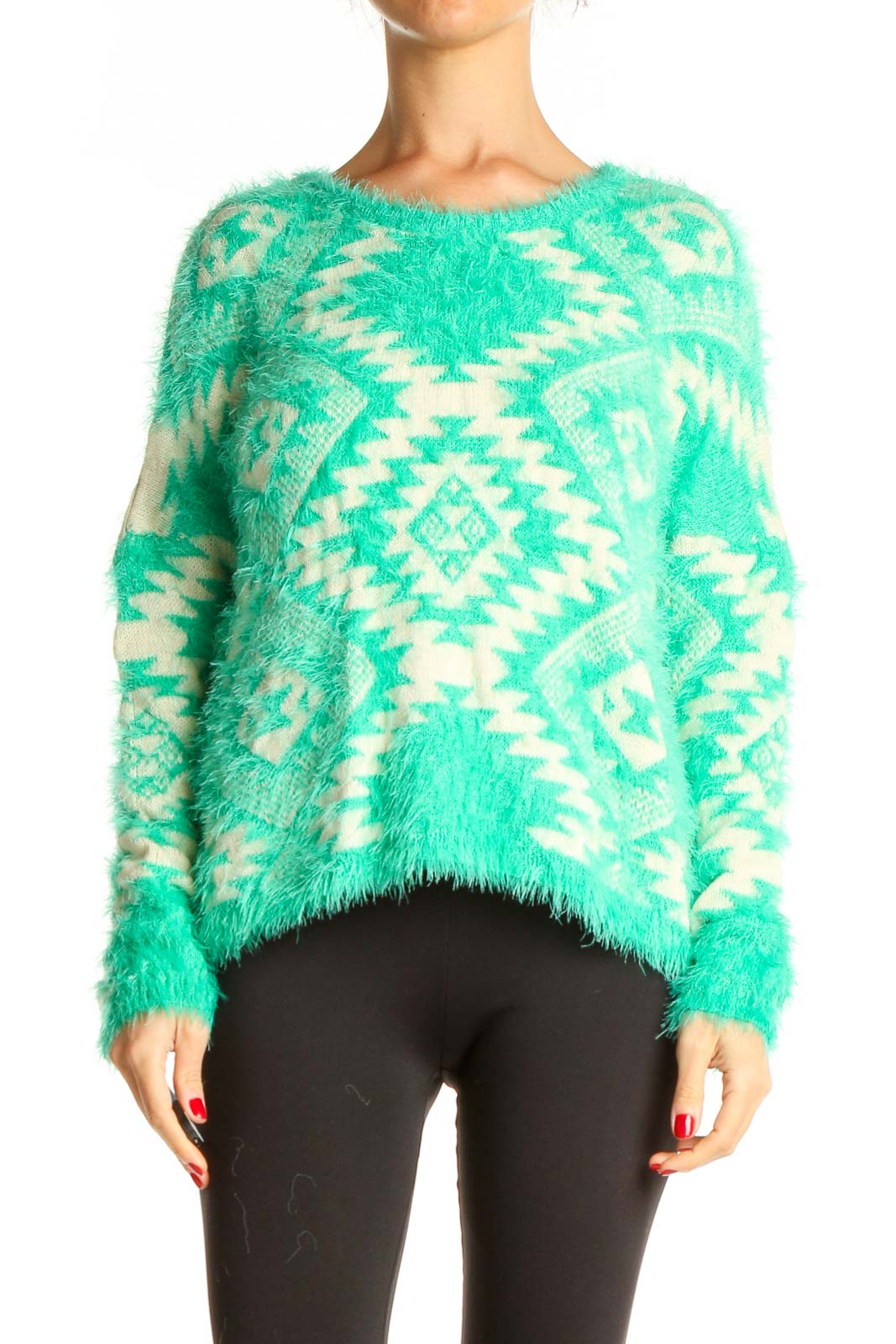 Green Aztec Print Bohemian Sweater Front