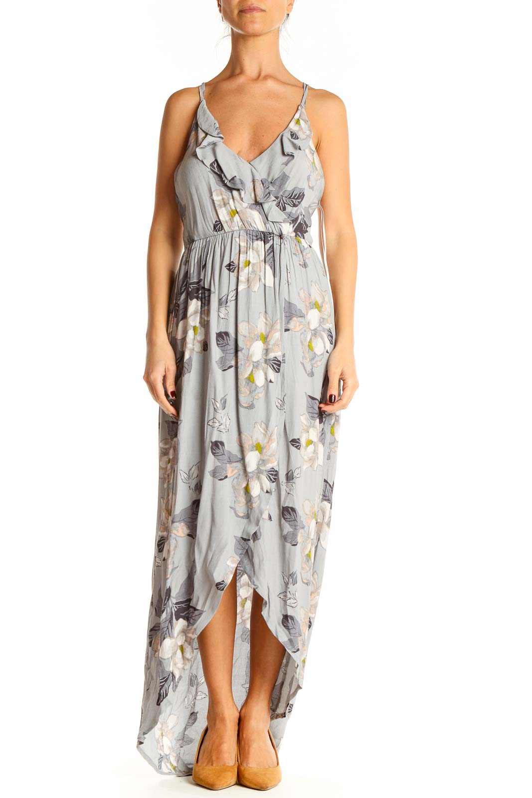 Gray Floral Print Bohemian Fit & Flare Dress Front