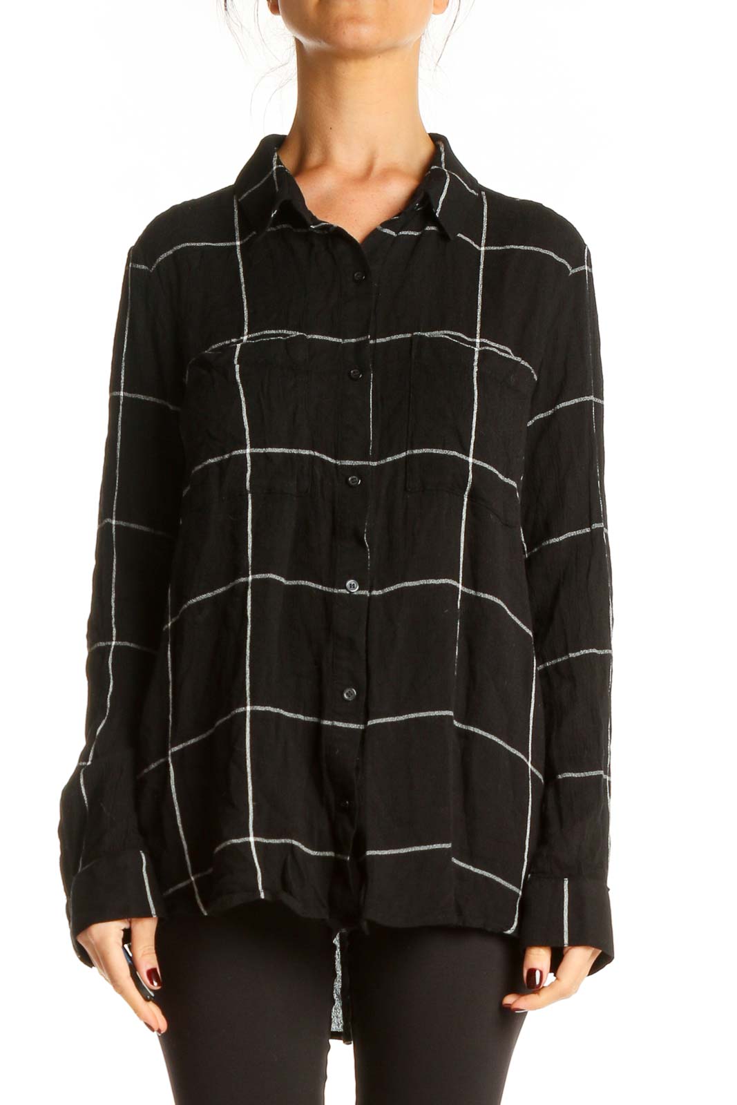 Black Checkered Casual Top Front