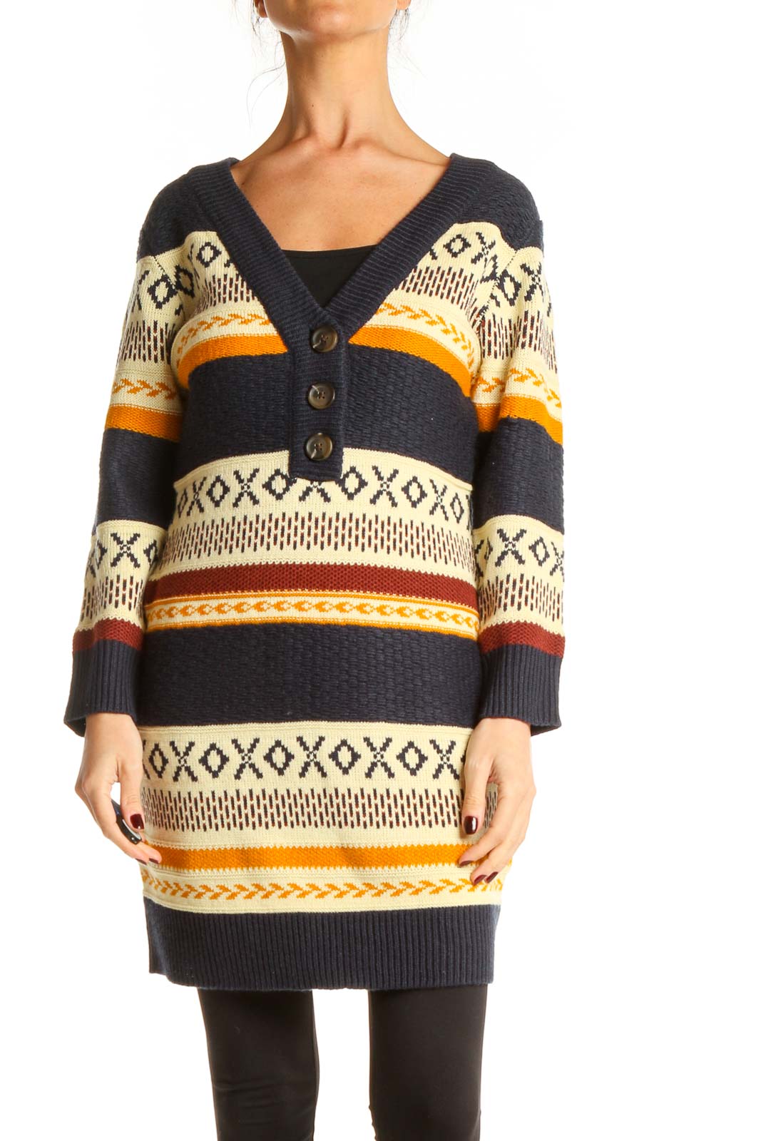 Blue Aztec Print All Day Wear Long Sweater Front