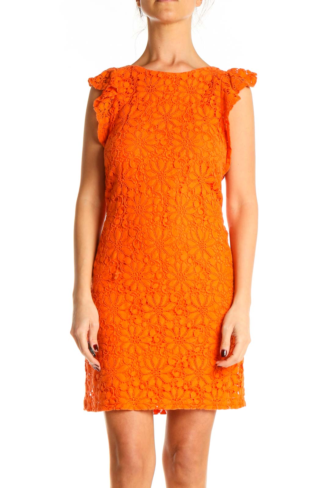 Orange Lace Work Sheath Dress Front