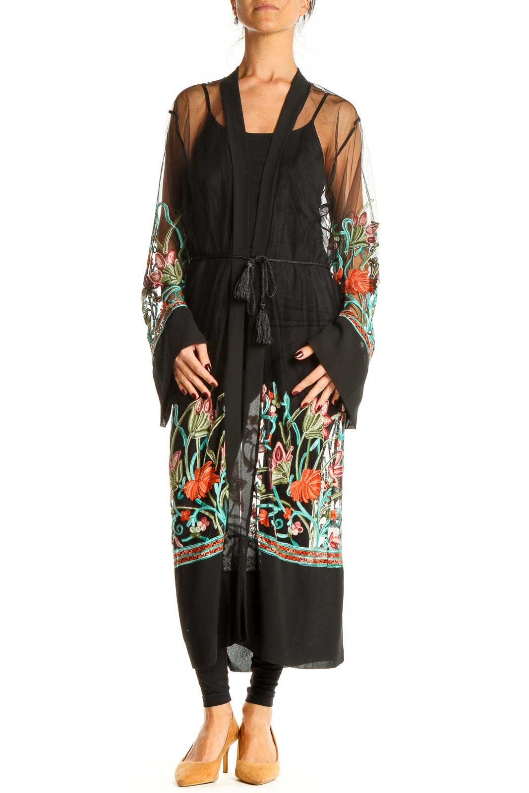 Black Embroidered Floral Robe Front