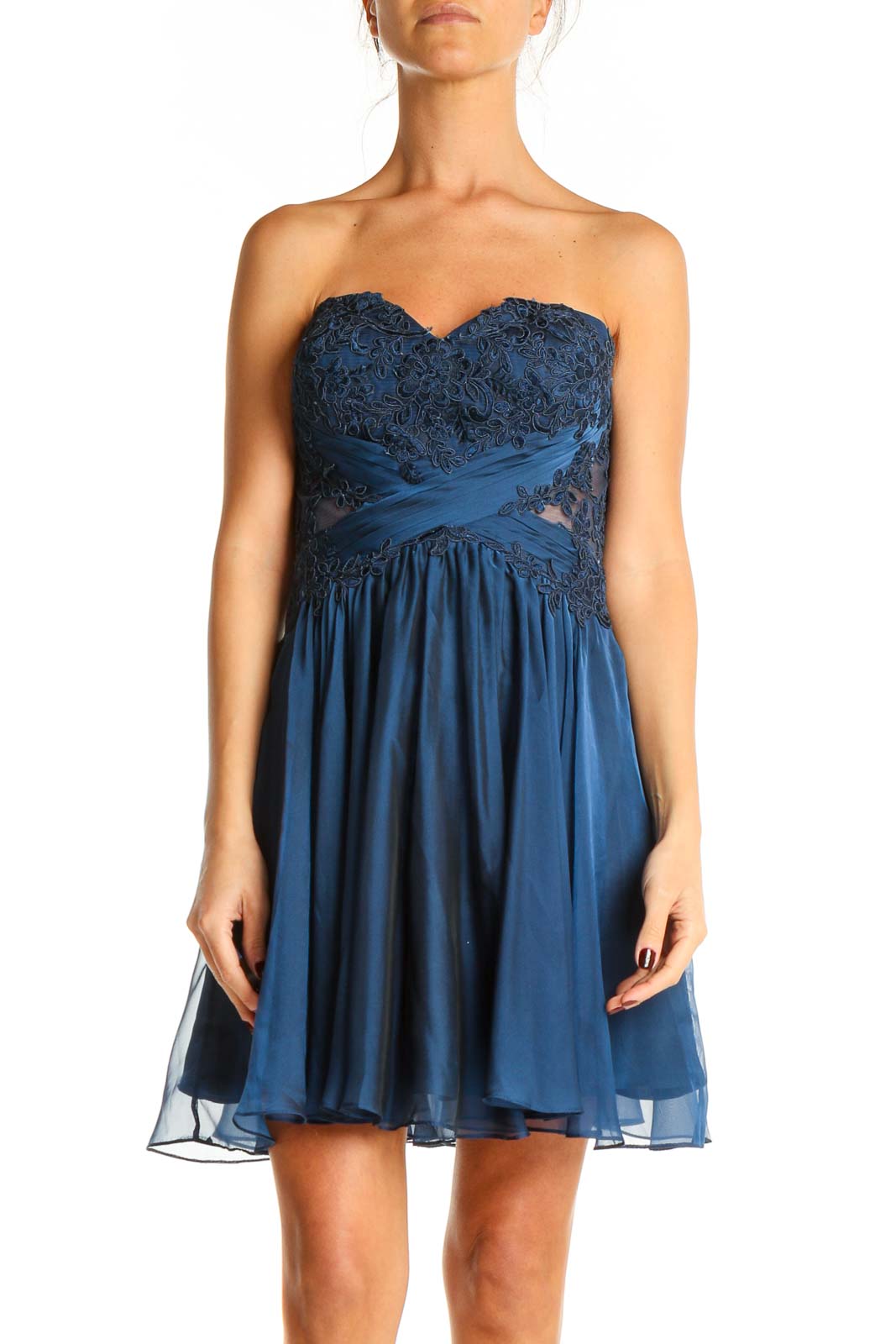 Blue Lace Semi-Floral Fit & Flare Dress Front