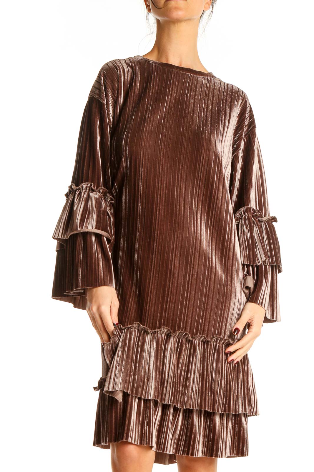 Brown Velour Cocktail Shift Dress Front