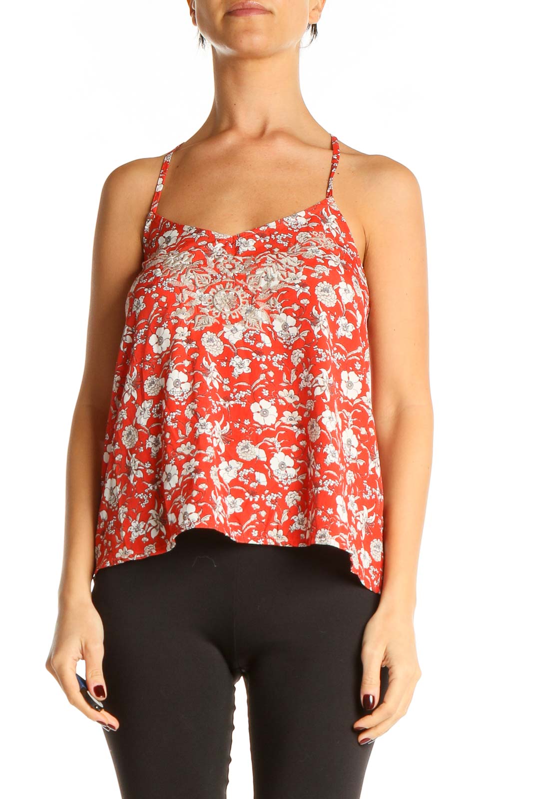 Red Floral Print Bohemian Tank Top Front