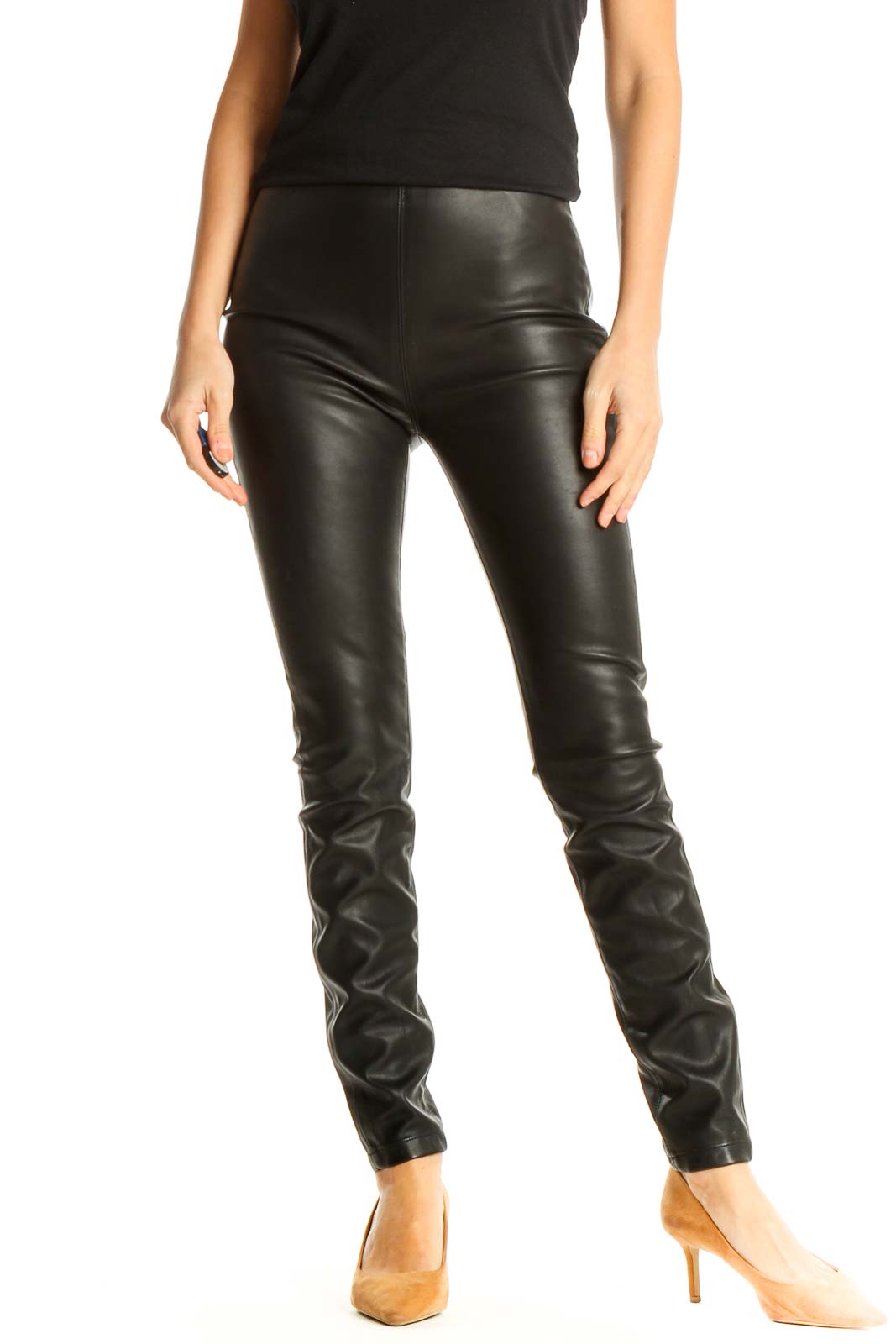 Black Chic Leather Leggings Front
