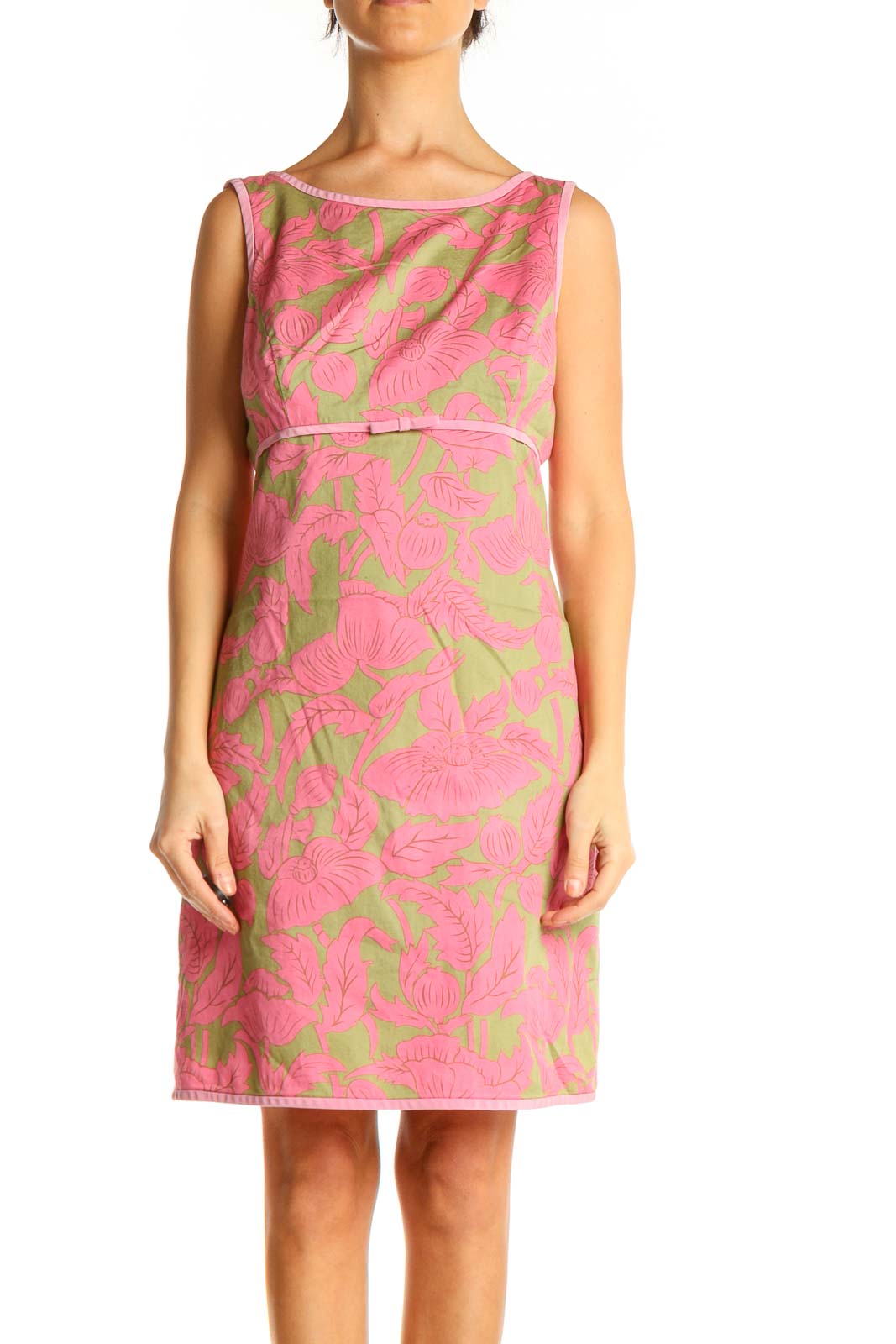 Pink Floral Print Classic Sheath Dress Front