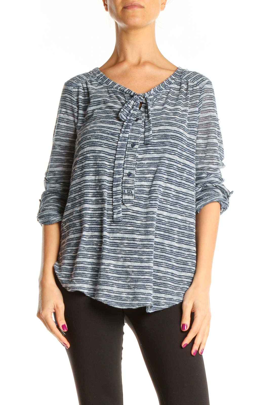 Gray Striped Casual Top Front