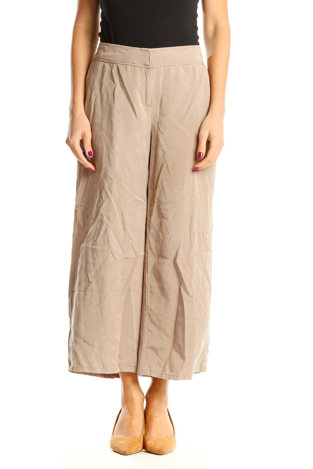 Beige Wide Leg Casual Trousers Front