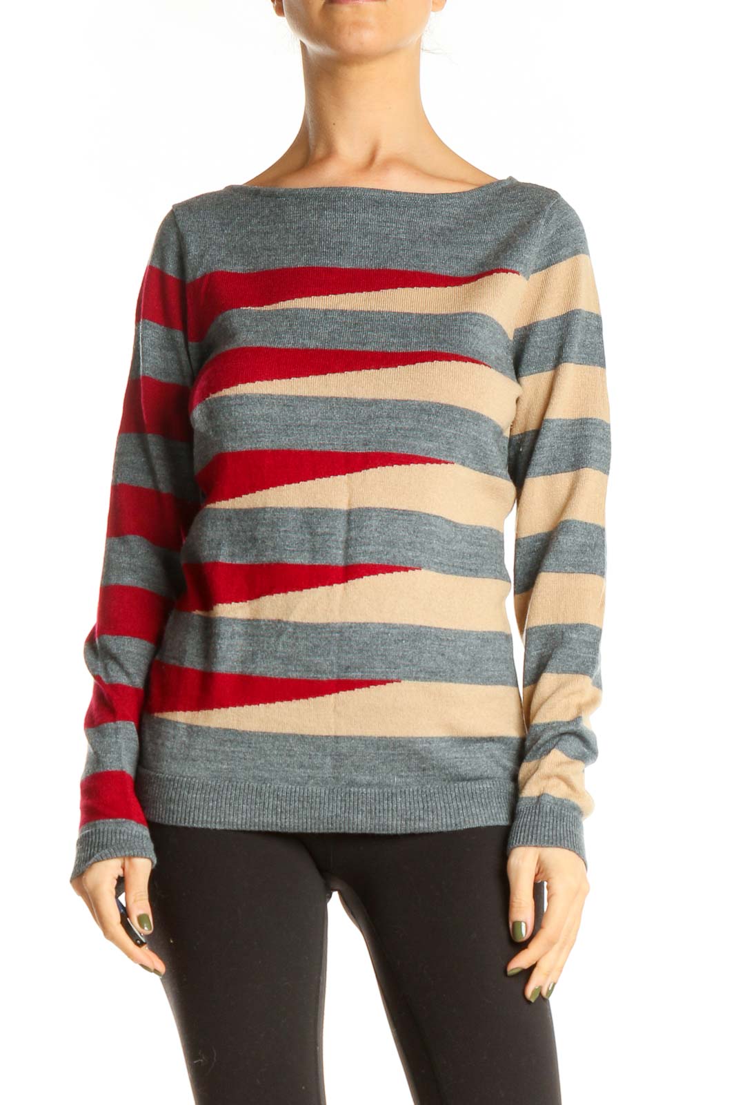 Gray Beige Striped Sweater Front