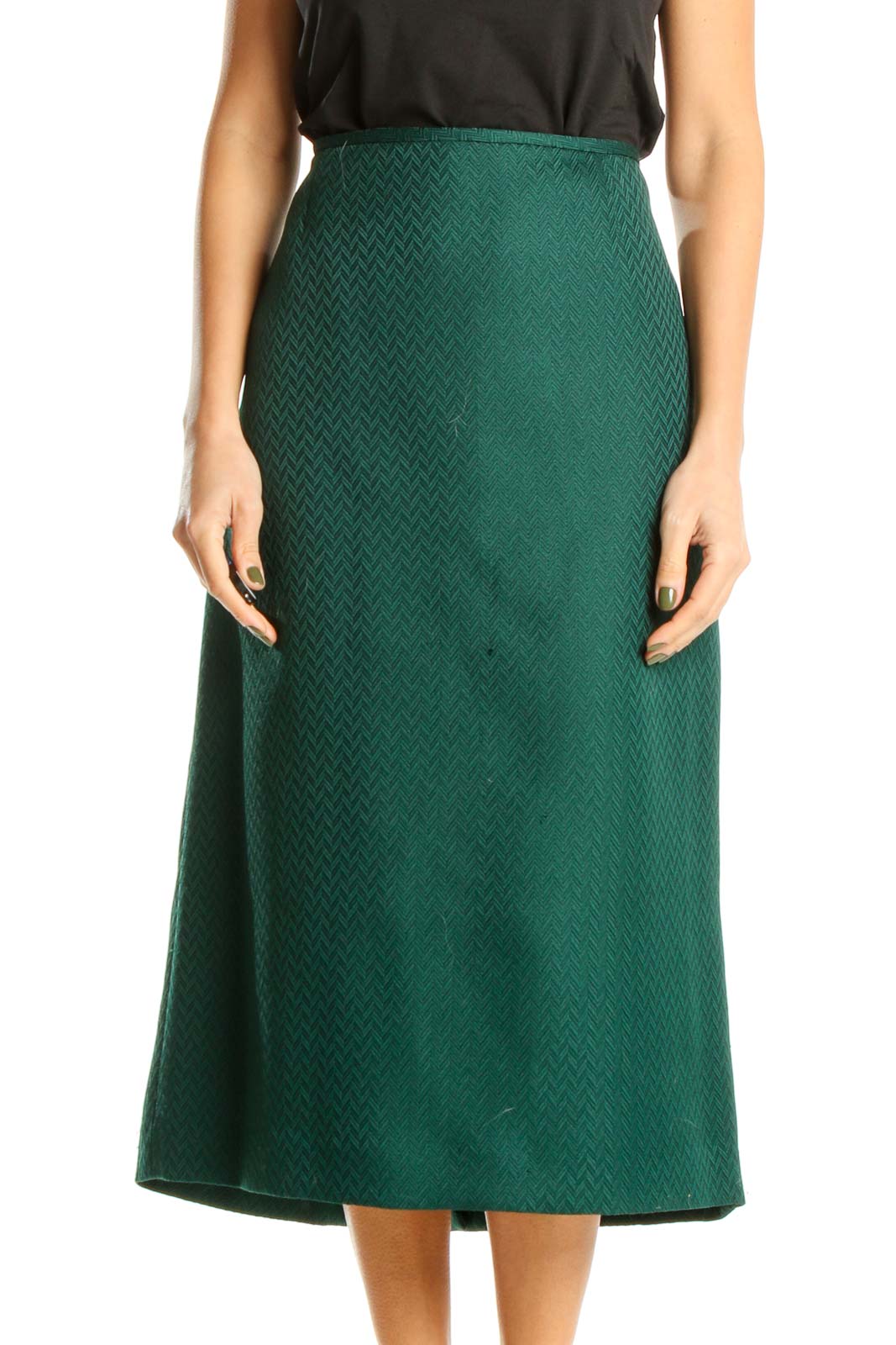 Green Textured Brunch A-Line Skirt Front