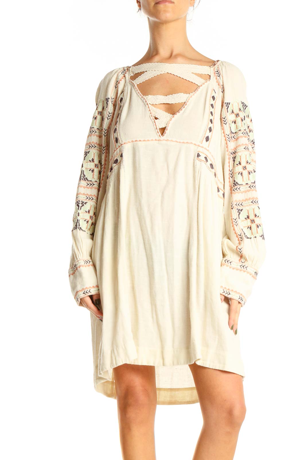 Beige Bohemian Embroidered Shift Dress Front