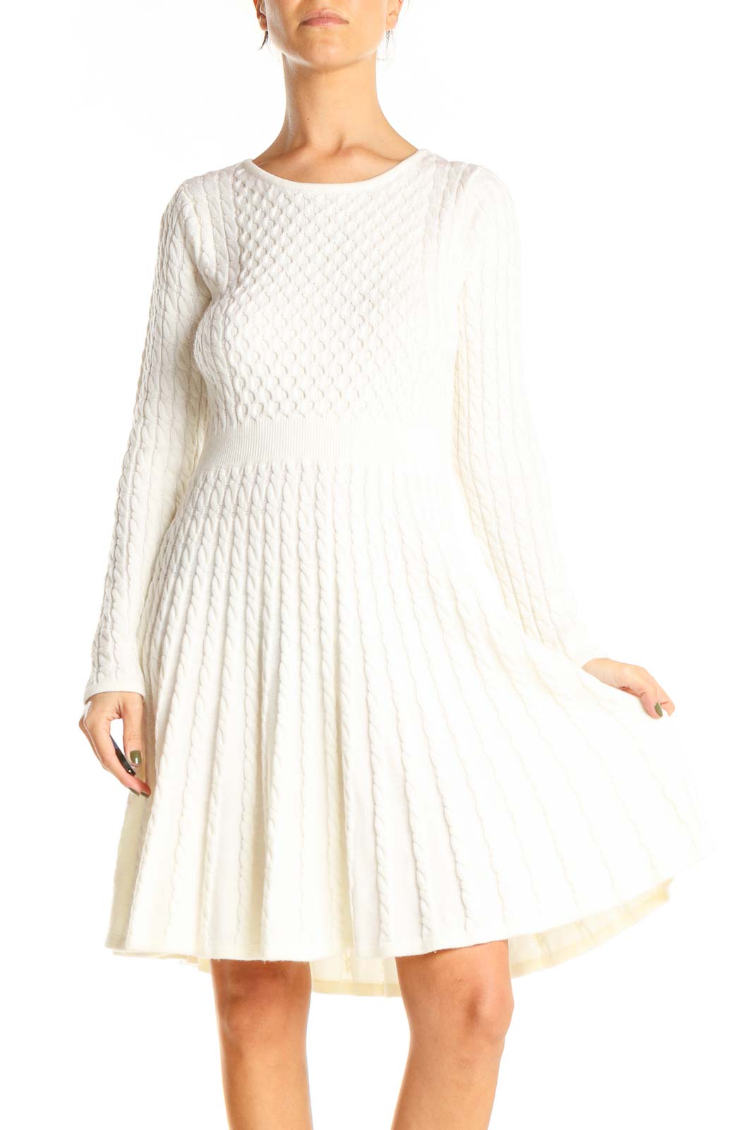 White Classic Knit Fit & Flare Dress Front